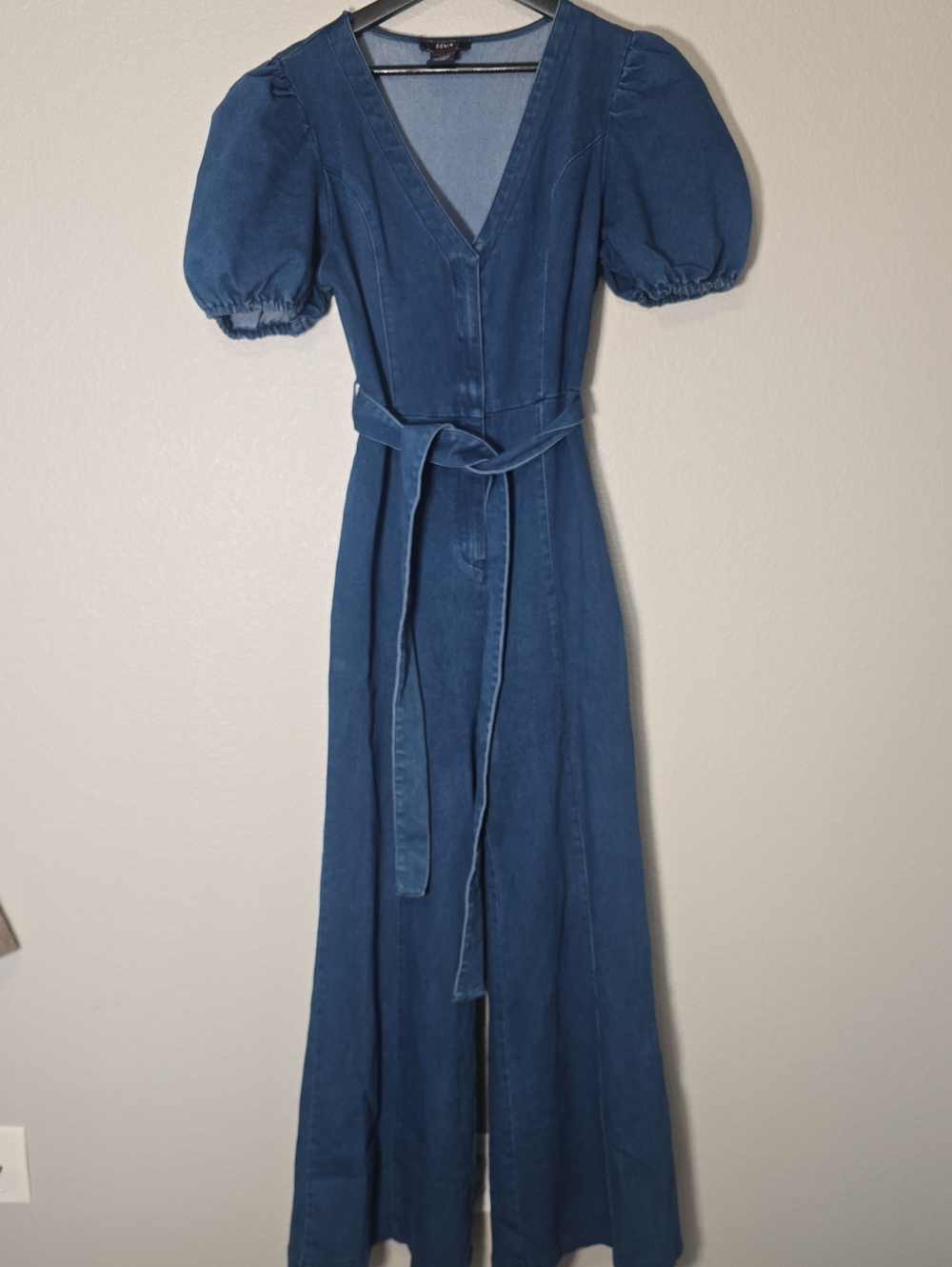 Flying Tomato Blue Wide-Leg Jumpsuit with Puff Sleeves and Waist Tie
